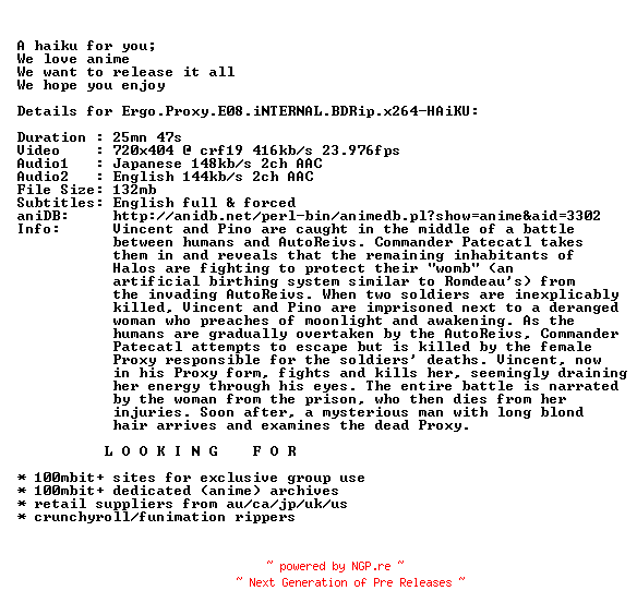 NFO for the release Ergo.Proxy.E08.iNTERNAL.BDRip.x264-HAiKU by HAiKU