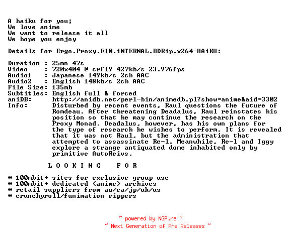 NFO for the release Ergo.Proxy.E10.iNTERNAL.BDRip.x264-HAiKU by HAiKU