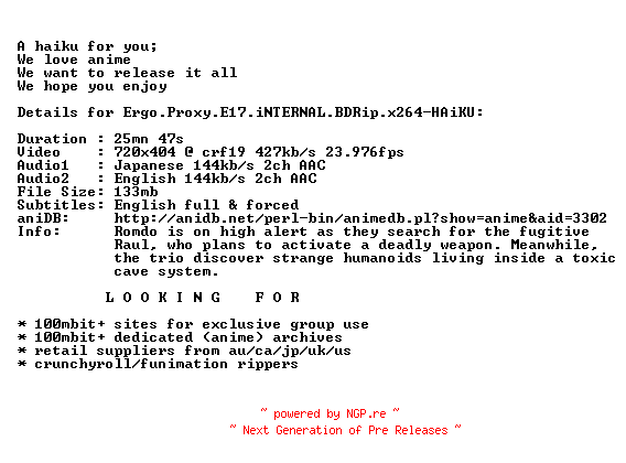 NFO for the release Ergo.Proxy.E17.iNTERNAL.BDRip.x264-HAiKU by HAiKU