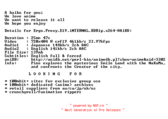 NFO for the release Ergo.Proxy.E19.iNTERNAL.BDRip.x264-HAiKU by HAiKU