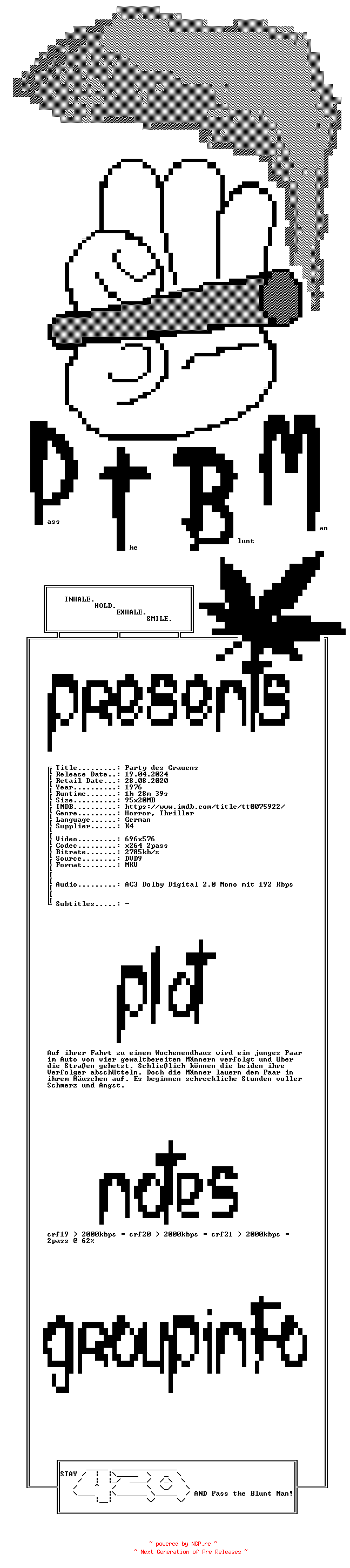 NFO for the release Party.Des.Grauens.1976.UNCUT.GERMAN.DVDRiP.x264.iNTERNAL-PtBM by PtBM