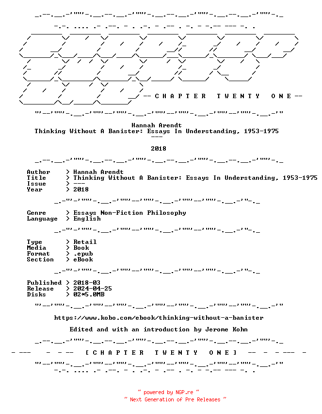 NFO for the release Hannah.Arendt.-.Thinking.Without.A.Banister.Essays.In.Understanding.1953-1975.2018.RETAIL.EPUB.eBook-CTO by CTO