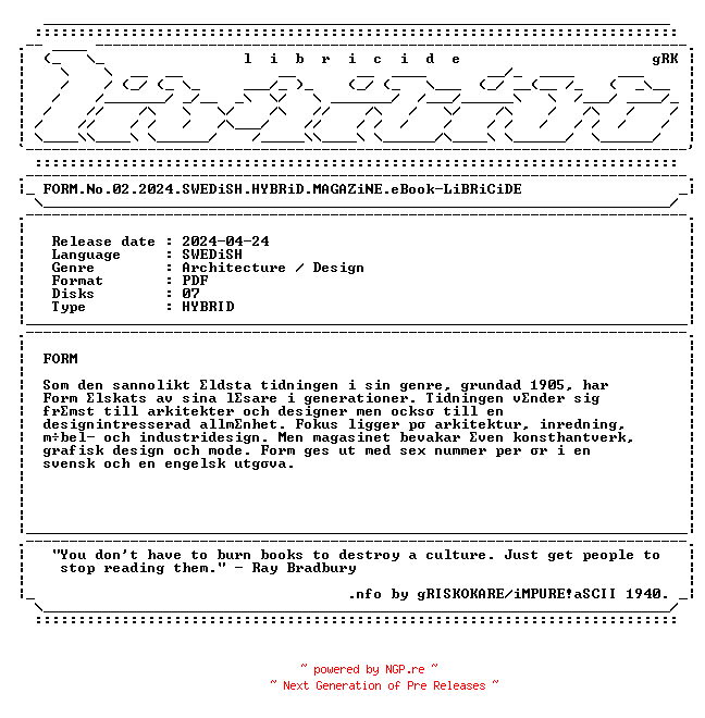 NFO for the release FORM.No.02.2024.SWEDiSH.HYBRiD.MAGAZiNE.eBook-LiBRiCiDE by LiBRiCiDE