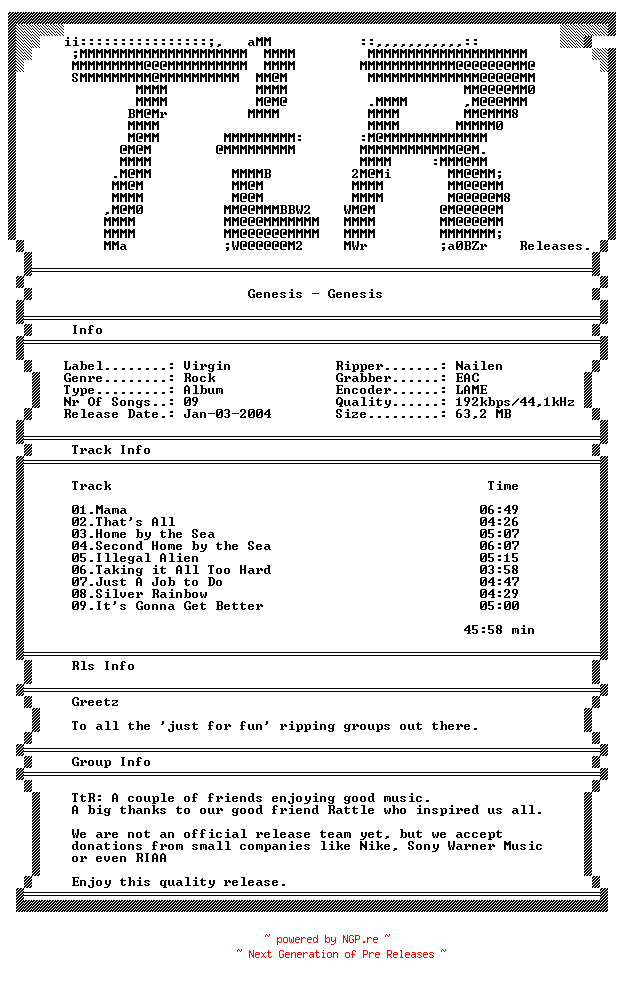 NFO for the release Genesis_-_Genesis-1983-TtR by TtR