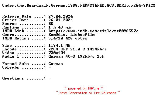 NFO for the release Under.the.Boardwalk.German.1988.REMASTERED.AC3.BDRip.x264-SPiCY by SPiCY