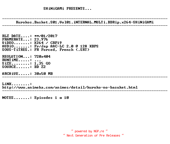 NFO for the release Kurokos.Basket.S01.Vol01.iNTERNAL.MULTi.BDRip.x264-SHiNiGAMi by SHiNiGAMi