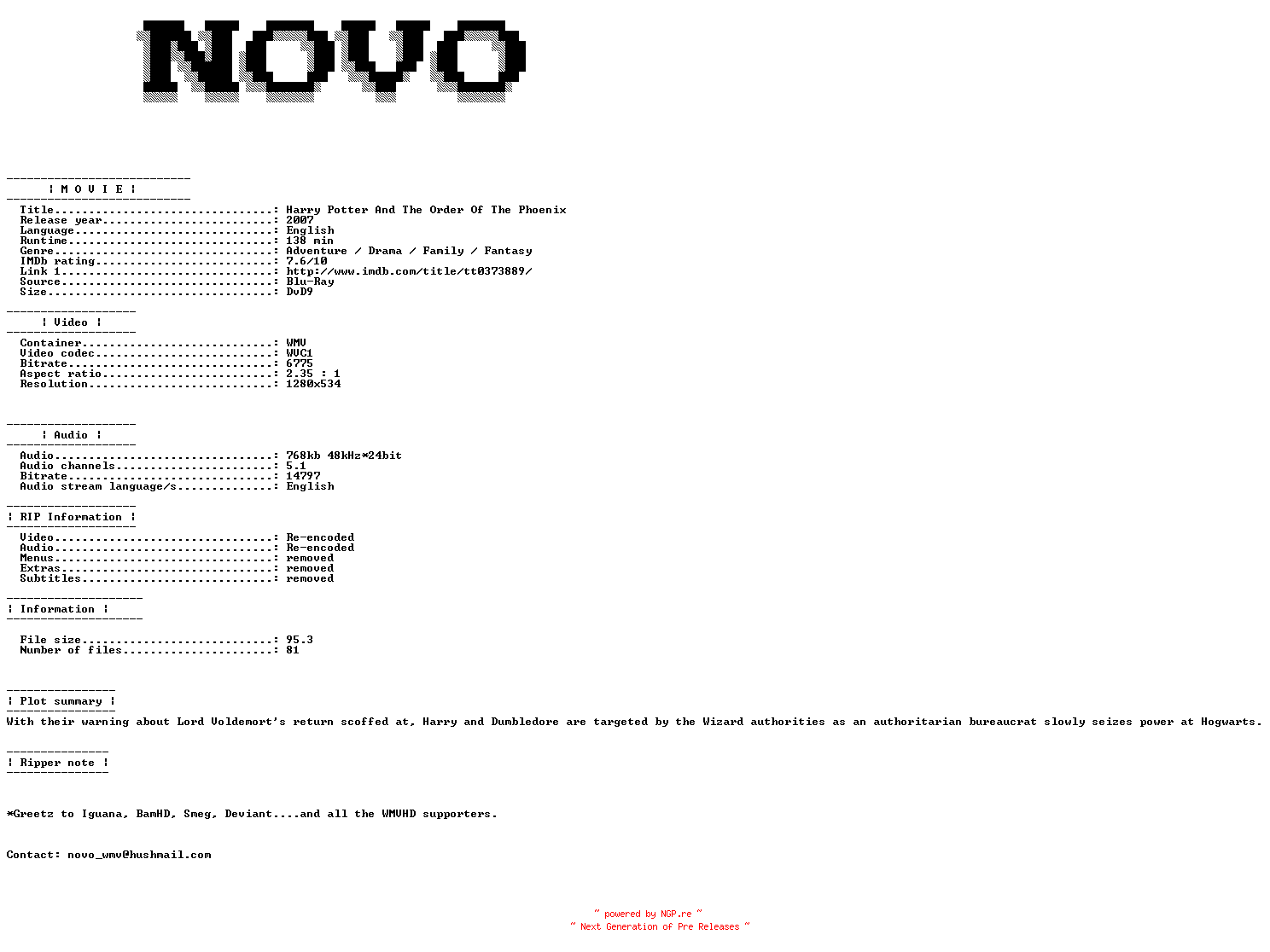 NFO for the release Harry.Potter.And.The.Order.Of.The.Phoenix.2007.Bluray.VC1.720p.5.1.WMV-NOVO by NOVO