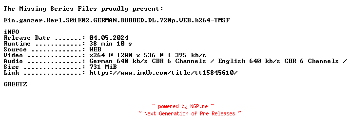 NFO for the release Ein.ganzer.Kerl.S01E02.GERMAN.DUBBED.DL.720p.WEBRip.h264-TMSF by TMSF