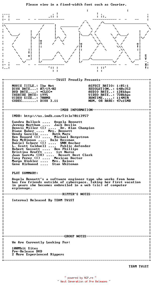 NFO for the release The.Net.1995.Internal.DVDRip.DivX-TWiST by TWiST
