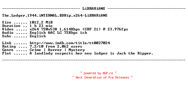 NFO for the release The.Lodger.1944.iNTERNAL.BDRip.x264-LiBRARiANS by LiBRARiANS