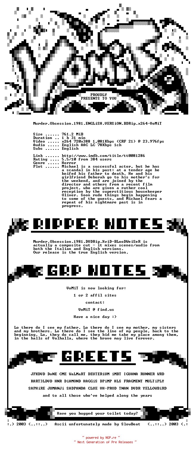 NFO for the release Murder.Obsession.1981.ENGLiSH.VERSiON.BDRip.x264-VoMiT by VoMiT