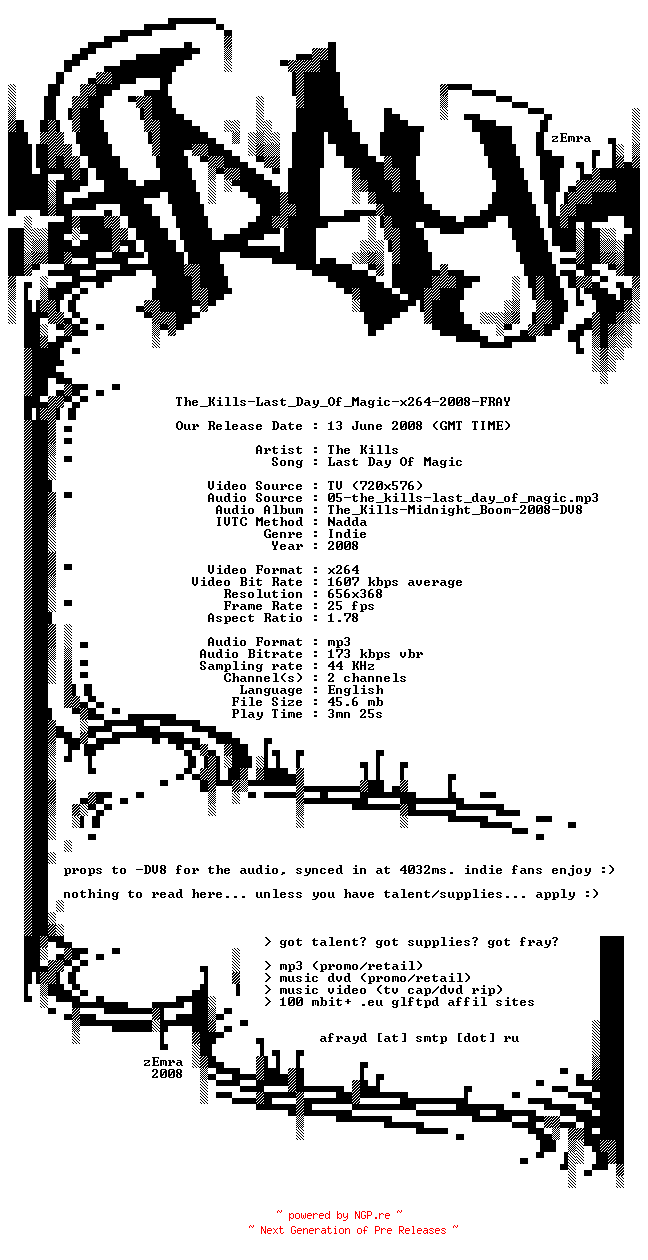NFO for the release The_Kills-Last_Day_Of_Magic-x264-2008-FRAY by FRAY