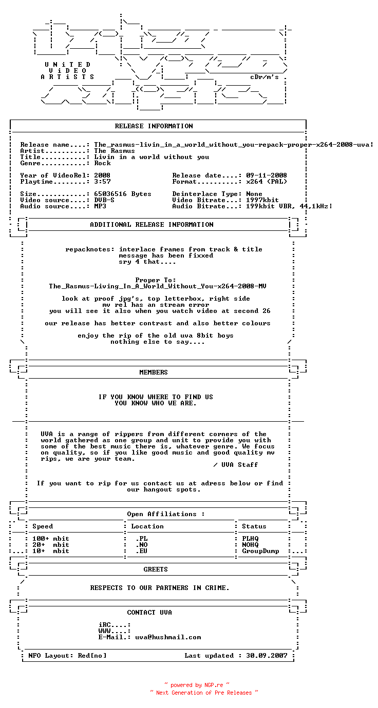 NFO for the release The_rasmus-livin_in_a_world_without_you-repack-proper-x264-2008-uva by uva
