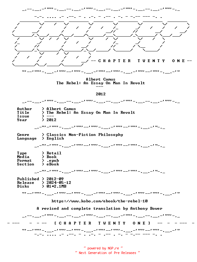NFO for the release Albert.Camus.-.The.Rebel.An.Essay.On.Man.In.Revolt.2012.RETAIL.EPUB.eBook-CTO by CTO