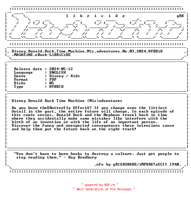 NFO for the release Disney.Donald.Duck.Time.Machine.Mis.adventures.No.03.2024.HYBRiD.MAGAZiNE.eBook-LiBRiCiDE by LiBRiCiDE