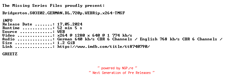 NFO for the release Bridgerton.S03E02.GERMAN.DL.720p.WEBRip.x264-TMSF by TMSF