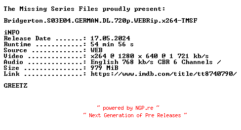 NFO for the release Bridgerton.S03E04.GERMAN.DL.720p.WEBRip.x264-TMSF by TMSF