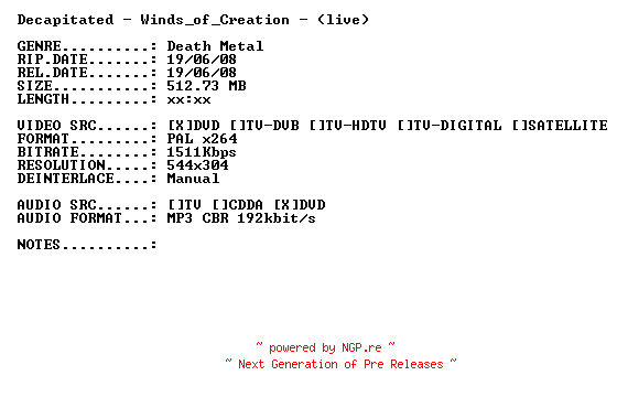 NFO for the release Decapitated-Winds_of_Creation-(Live)-DVDRiP-x264-2007-PMSVCD by PMSVCD