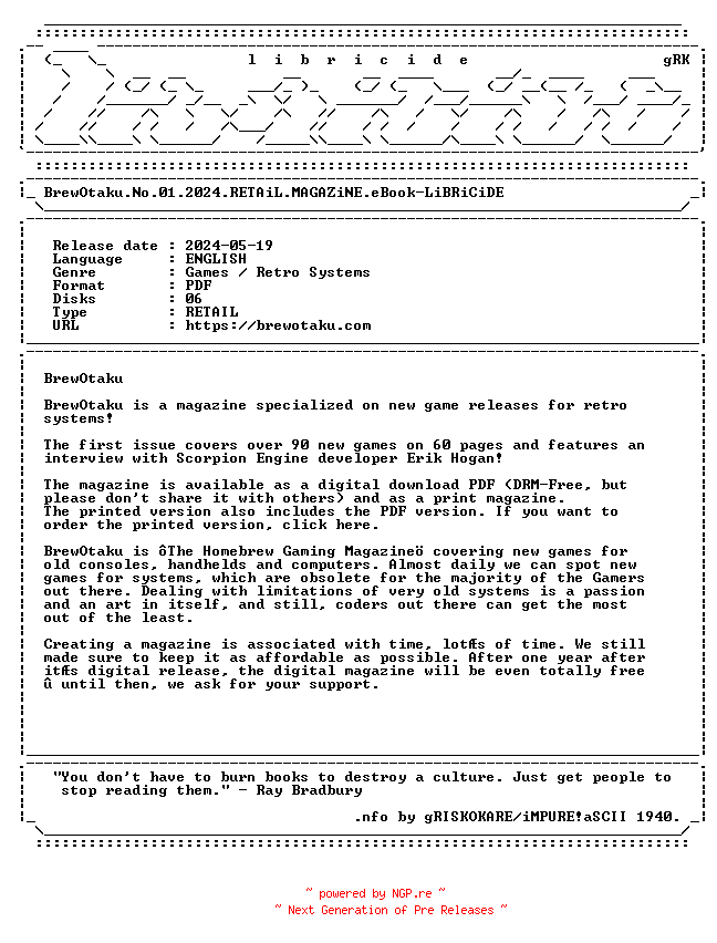 NFO for the release BrewOtaku.No.01.2024.RETAiL.MAGAZiNE.eBook-LiBRiCiDE by LiBRiCiDE