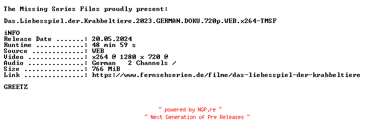 NFO for the release Das.Liebesspiel.der.Krabbeltiere.2023.GERMAN.DOKU.720p.WEB.x264-TMSF by TMSF