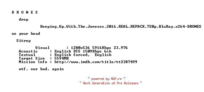NFO for the release Keeping.Up.With.The.Joneses.2016.REAL.REPACK.720p.BluRay.x264-DRONES by DRONES