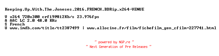 NFO for the release Keeping.Up.With.The.Joneses.2016.FRENCH.BDRip.x264-VENUE by VENUE