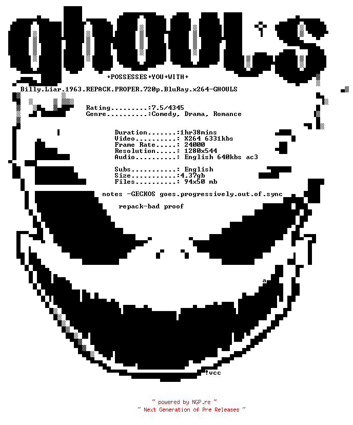 NFO for the release Billy.Liar.1963.REPACK.PROPER.720p.BluRay.x264-GHOULS by GHOULS