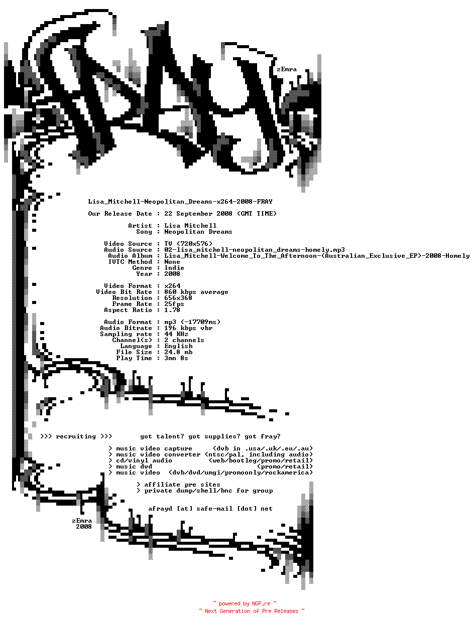 NFO for the release Lisa_Mitchell-Neopolitan_Dreams-x264-2008-FRAY by FRAY