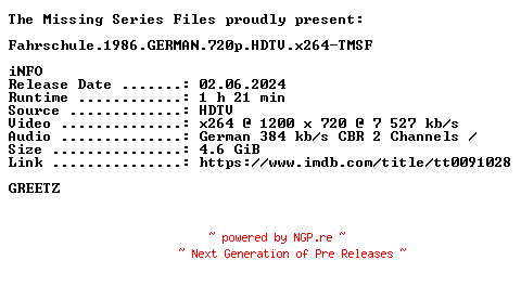 NFO for the release Fahrschule.1986.GERMAN.720p.HDTV.x264-TMSF by TMSF