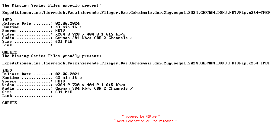 NFO for the release Expeditionen.ins.Tierreich.Faszinierende.Flieger.Das.Geheimnis.der.Zugvoegel.2024.GERMAN.DOKU.HDTVRip.x264-TMSF by TMSF