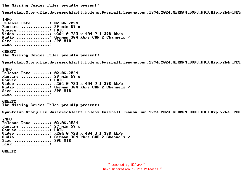 NFO for the release Sportclub.Story.Die.Wasserschlacht.Polens.Fussball.Trauma.von.1974.2024.GERMAN.DOKU.HDTVRip.x264-TMSF by TMSF