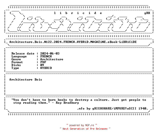 NFO for the release Architecture.Bois.N122.2024.FRENCH.HYBRiD.MAGAZiNE.eBook-LiBRiCiDE by LiBRiCiDE
