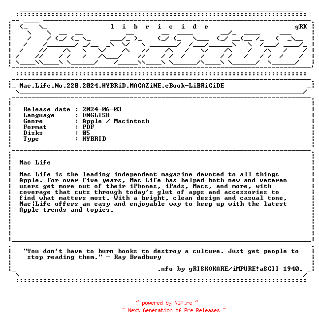 NFO for the release Mac.Life.No.220.2024.HYBRiD.MAGAZiNE.eBook-LiBRiCiDE by LiBRiCiDE