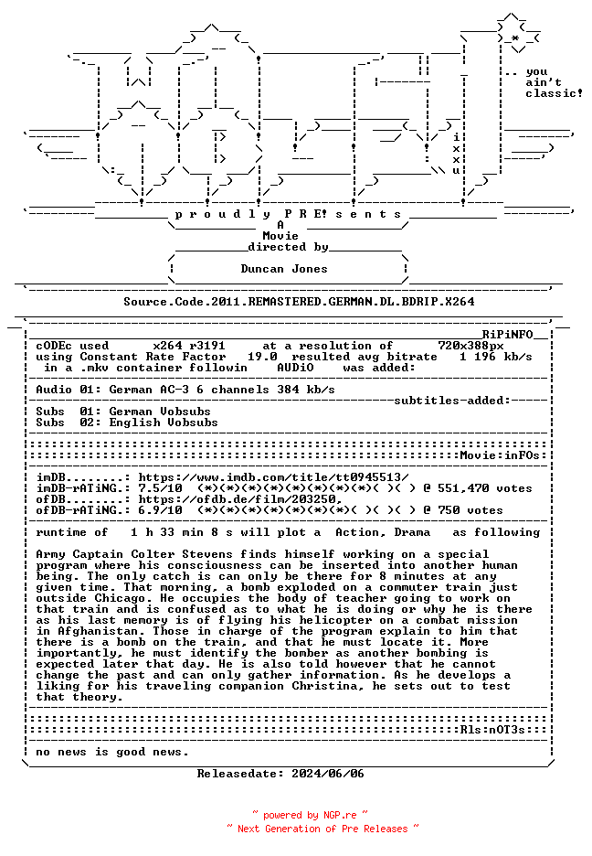 NFO for the release Source.Code.2011.REMASTERED.GERMAN.DL.BDRIP.X264-WATCHABLE by WATCHABLE