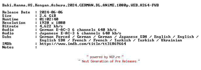 NFO for the release Baki.Hanma.VS.Kengan.Ashura.2024.GERMAN.DL.ANiME.1080p.WEB.H264-FWB by FWB