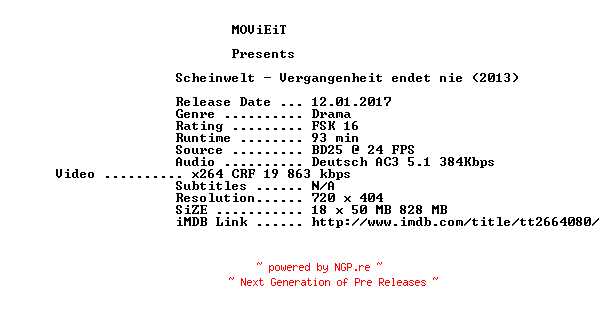 NFO for the release Scheinwelt.Vergangenheit.endet.nie.German.2013.AC3.BDRip.x264-MOViEiT by MOViEiT