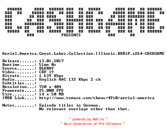NFO for the release Aerial.America.Great.Lakes.Collection.Illinois.BDRiP.x264-CASHGAME by CASHGAME