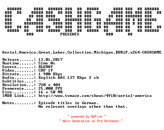 NFO for the release Aerial.America.Great.Lakes.Collection.Michigan.BDRiP.x264-CASHGAME by CASHGAME