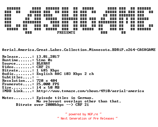 NFO for the release Aerial.America.Great.Lakes.Collection.Minnesota.BDRiP.x264-CASHGAME by CASHGAME