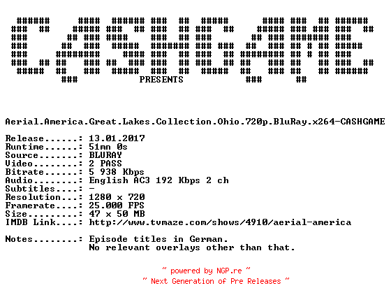 NFO for the release Aerial.America.Great.Lakes.Collection.Ohio.720p.BluRay.x264-CASHGAME by CASHGAME