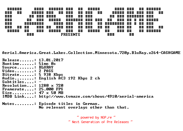 NFO for the release Aerial.America.Great.Lakes.Collection.Minnesota.720p.BluRay.x264-CASHGAME by CASHGAME