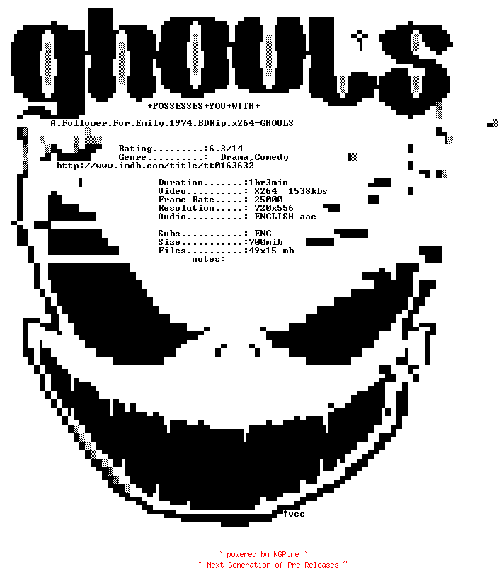 NFO for the release A.Follower.For.Emily.1974.BDRip.x264-GHOULS by GHOULS