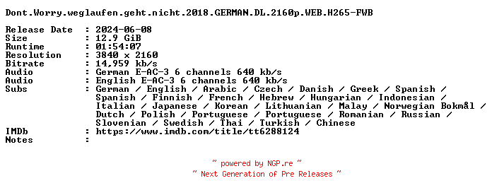 NFO for the release Dont.Worry.weglaufen.geht.nicht.2018.GERMAN.DL.2160p.WEB.H265-FWB by FWB