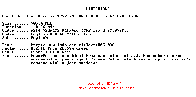 NFO for the release Sweet.Smell.of.Success.1957.iNTERNAL.BDRip.x264-LiBRARiANS by LiBRARiANS