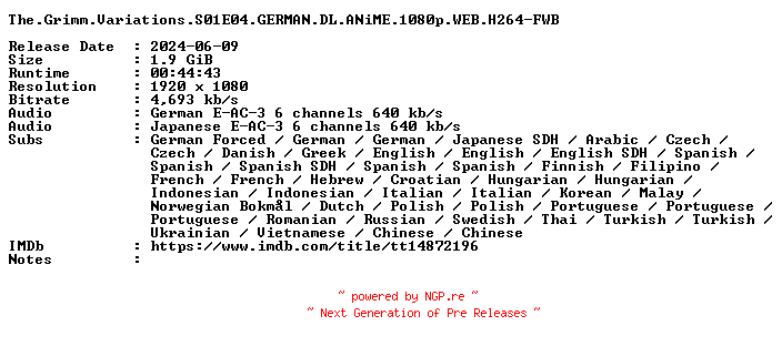 NFO for the release The.Grimm.Variations.S01E04.GERMAN.DL.ANiME.1080p.WEB.H264-FWB by FWB