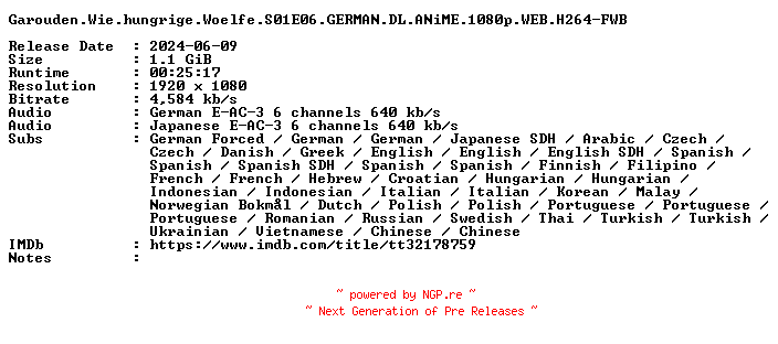 NFO for the release Garouden.Wie.hungrige.Woelfe.S01E06.GERMAN.DL.ANiME.1080p.WEB.H264-FWB by FWB
