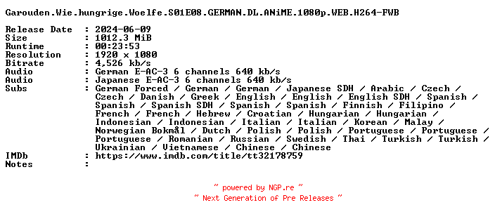 NFO for the release Garouden.Wie.hungrige.Woelfe.S01E08.GERMAN.DL.ANiME.1080p.WEB.H264-FWB by FWB