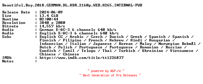 NFO for the release Beautiful.Boy.2018.GERMAN.DL.HDR.2160p.WEB.H265.INTERNAL-FWB by FWB