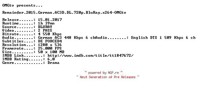 NFO for the release Remainder.2015.German.AC3D.DL.720p.BluRay.x264-OMGtv by OMGtv