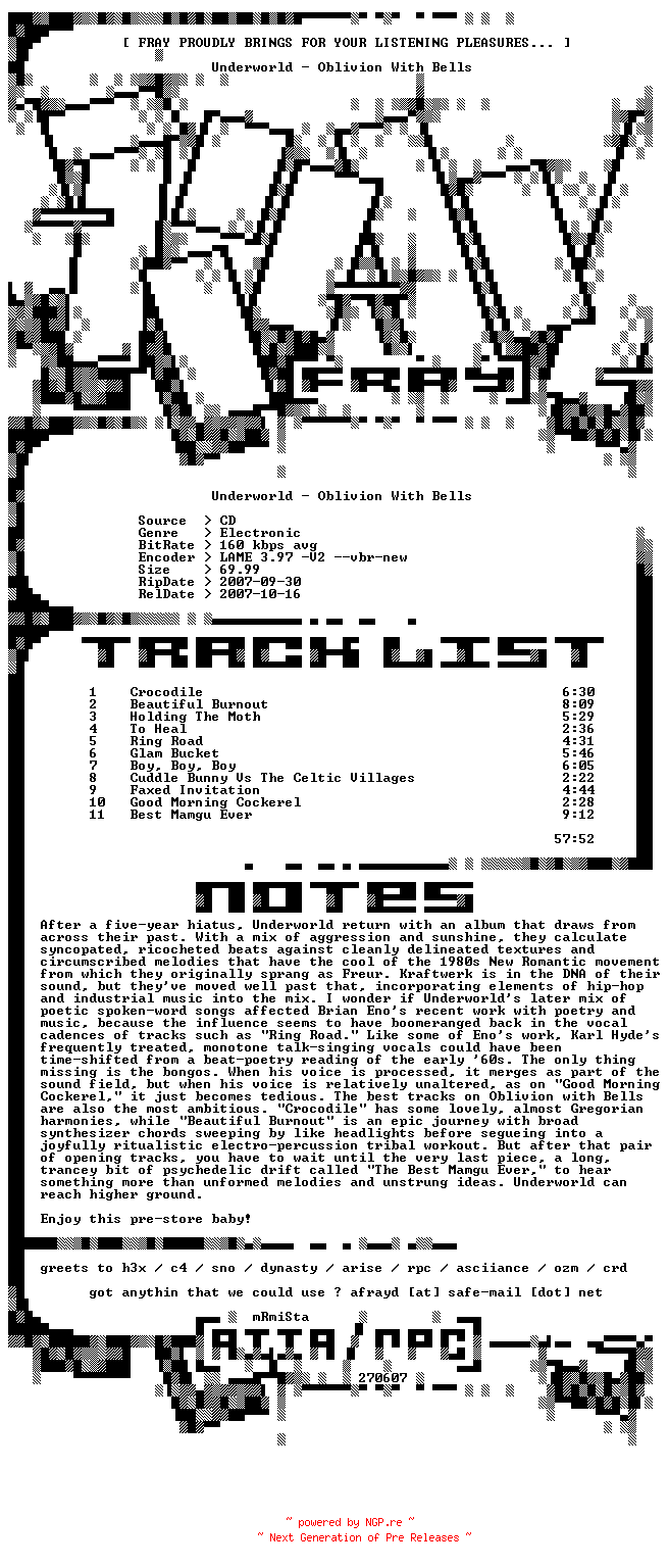 NFO for the release Underworld-Oblivion_With_Bells-2007-FRAY by FRAY